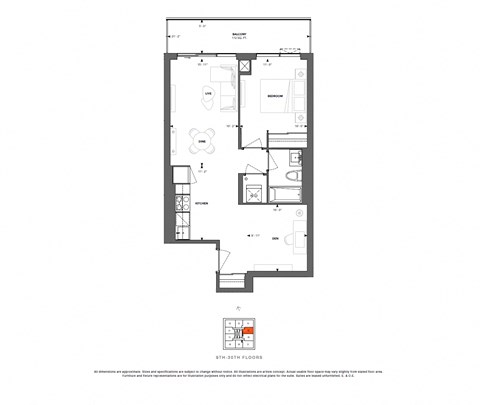 Floor plan for 1 bed, 1 bath, 688 sqft